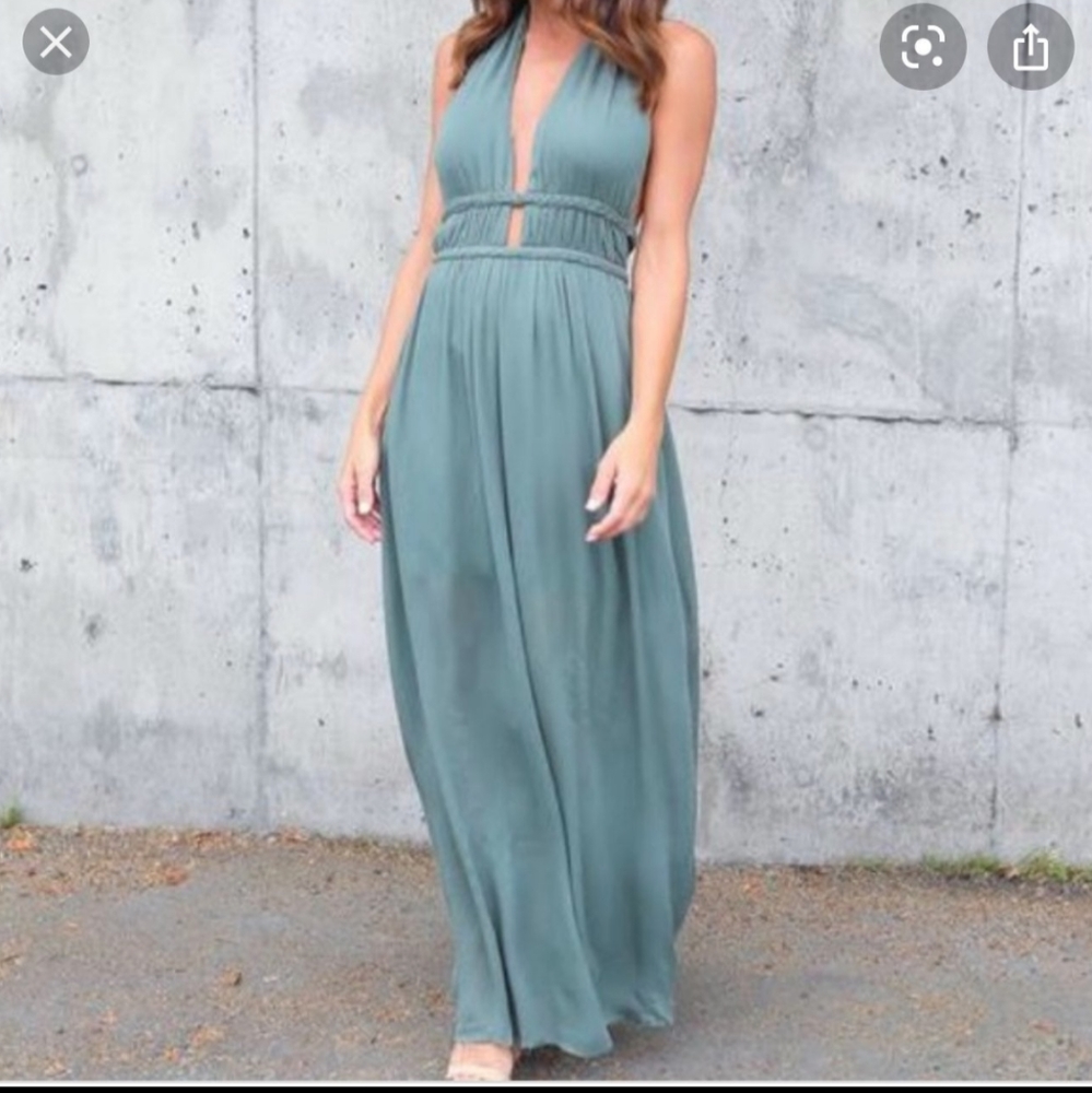 Long  Maxi Dress in color Brick. Straps fall in back of neck and lower back.